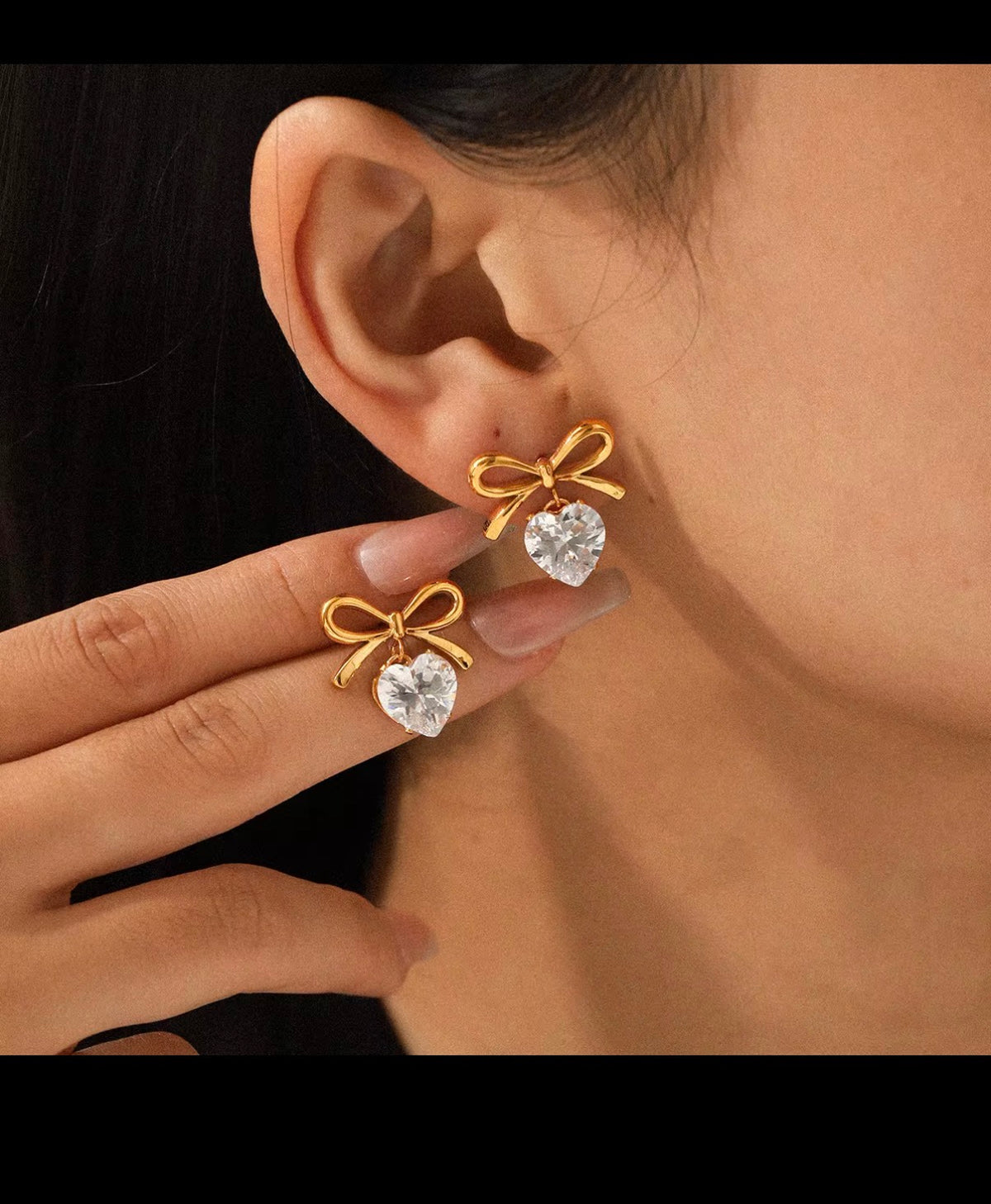 Bow with Heart Zirconia Earrings