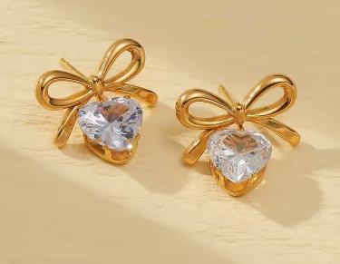 Bow with Heart Zirconia Earrings